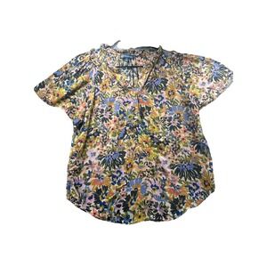 Democracy Blue Floral Blouse With Notch Neck And Ruffle Trim‎ Size S